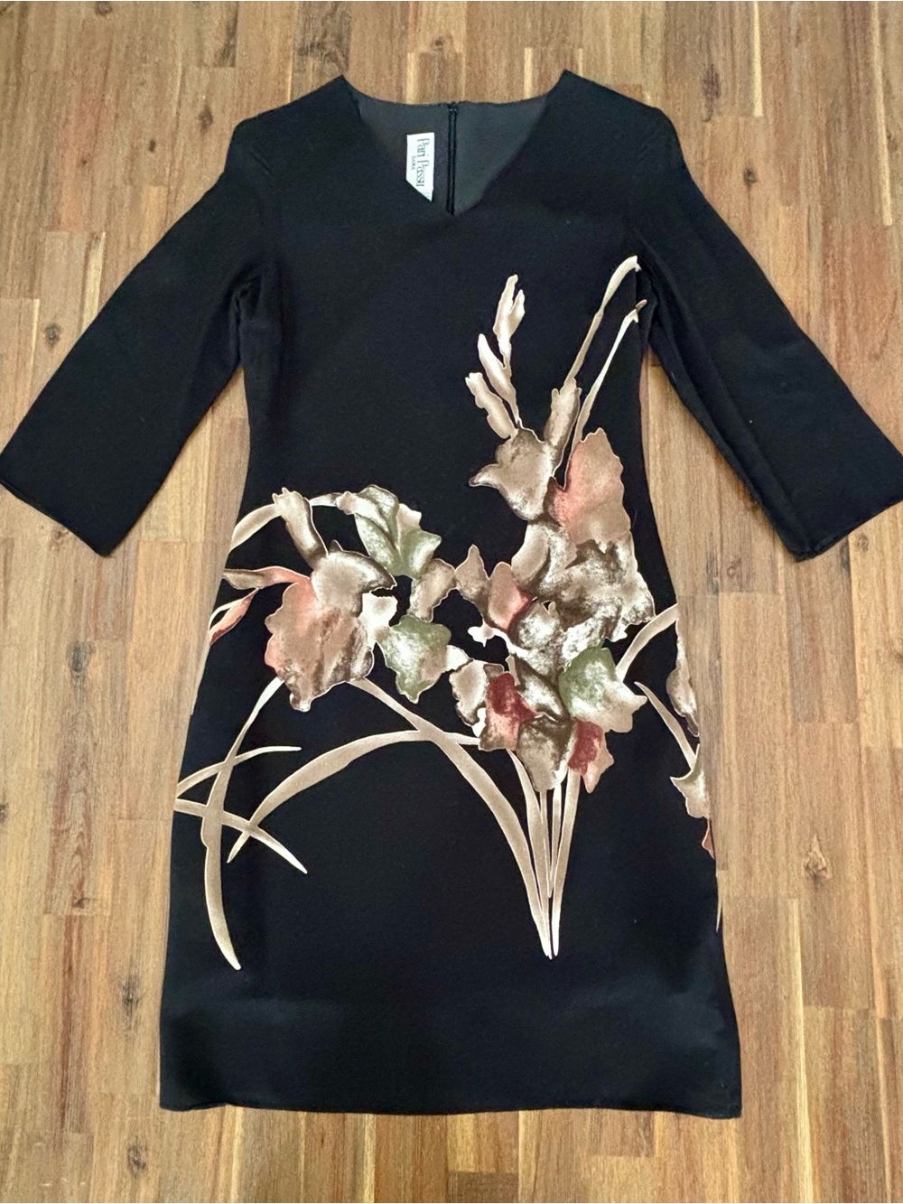 Pari Passu Black Long-Sleeve Sheath Dress with Metallic Floral Design